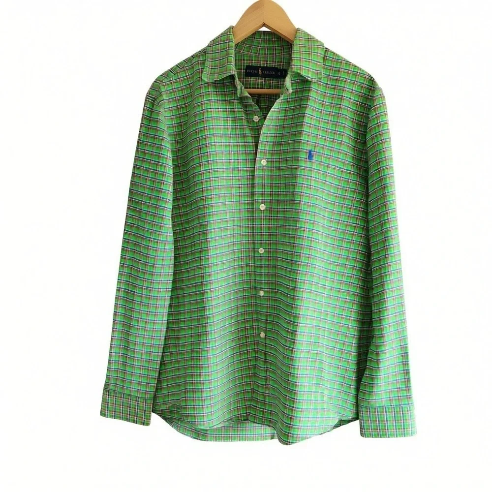 Ralph Lauren Polo Shirt Long Sleeve Classic Fit Plaid Green Size L Men's Logo